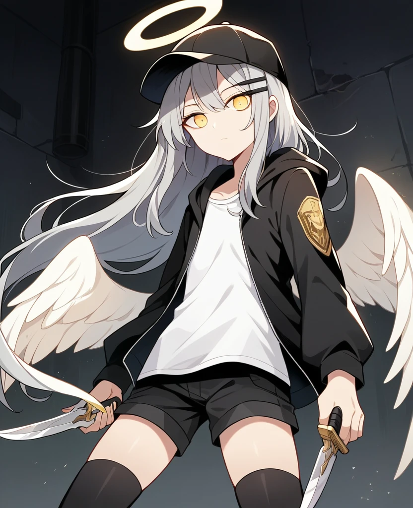 Depth of written boundary, Movie angle, masterpiece, Highest quality, Very detailed, CG, 8k wallpaper, Pretty face, Delicate eyes, alone, 白いLong Hair, Yellow Eyes, hairpin, White shirt, black hooded jacket, Black shorts,Black baseball cap, Black Stockings, Black knee-high boots,Shady back alley,Narrow Passage,NSFW,(masterpiece, Highest quality:1.3), (Super detailed:1.3), One girl, alone, (Gray Hair, Messy Hair, Long Hair), (Angel Wings, Angel Halo), Flat Chest, Yellow Eyes,Expressionless,Character portrait,Point a knife at,Action Shots