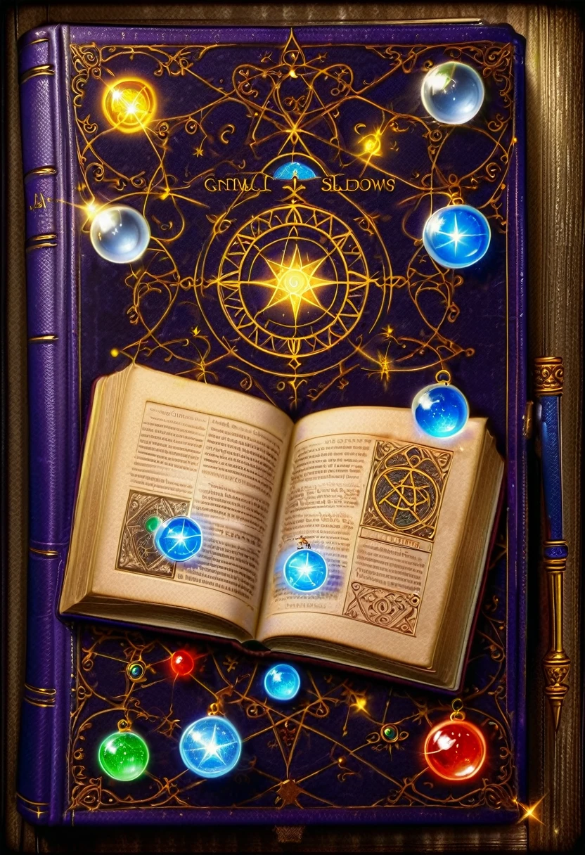 Open book, magical, Grimoire, book of shadows, orbs of light, sigils in the book