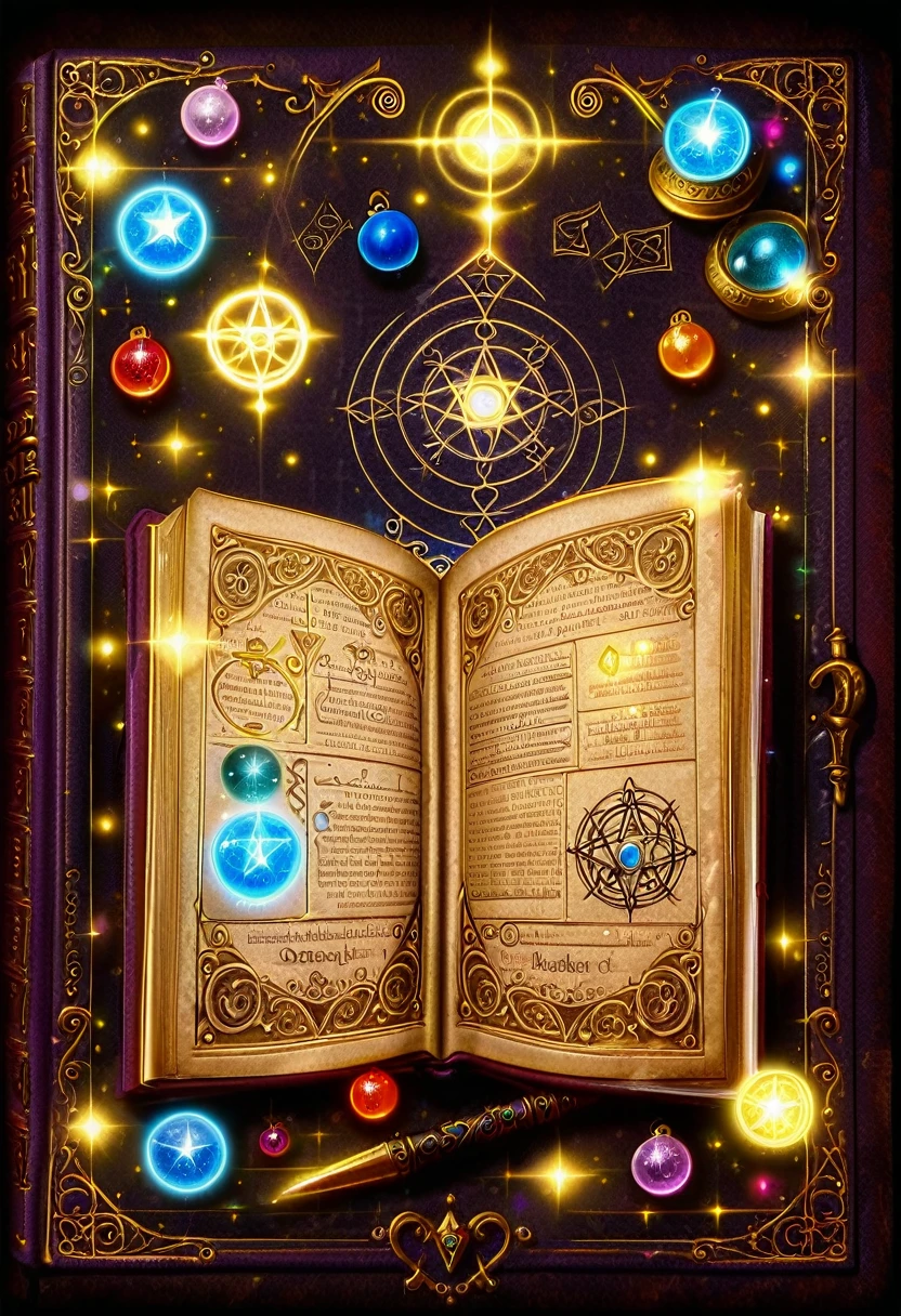 Open book, magical, Grimoire, book of shadows, orbs of light, sigils in the book