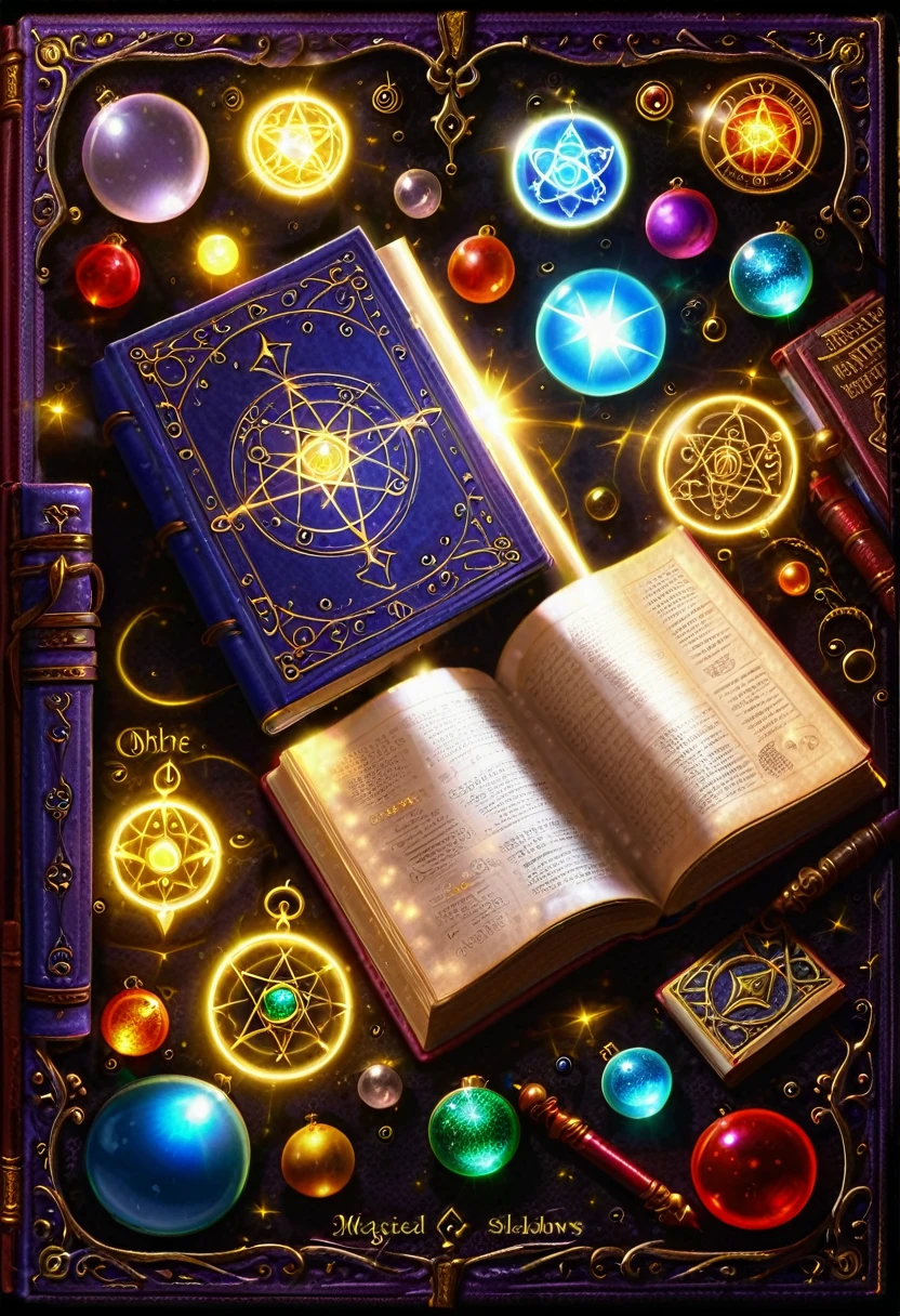 Open book, magical, Grimoire, book of shadows, orbs of light, sigils in the book