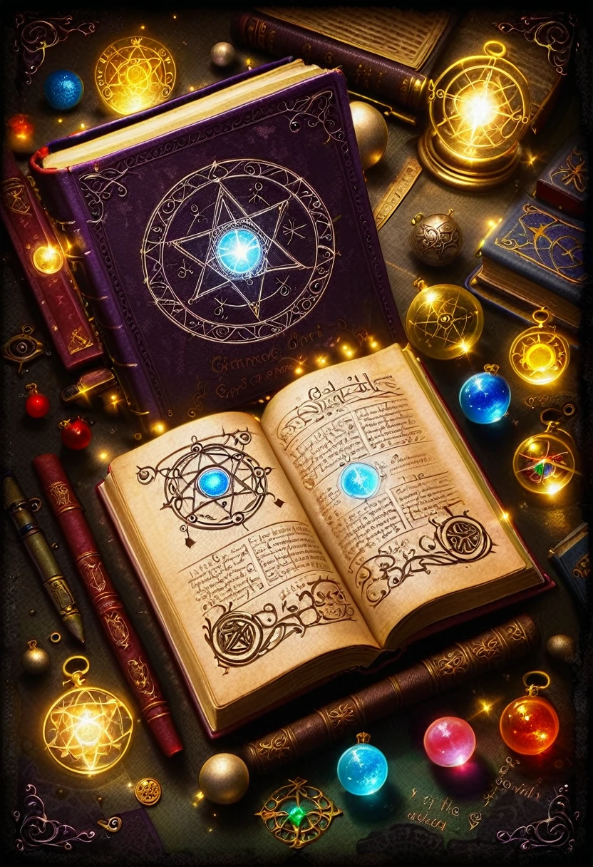 Open book, magical, Grimoire, book of shadows, orbs of light, sigils in the book
