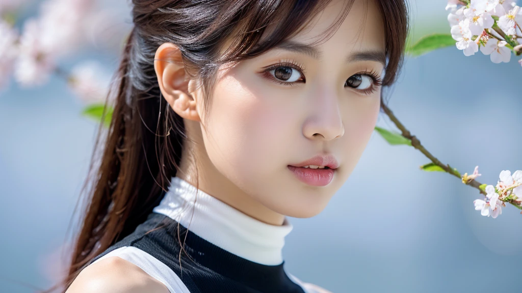 cherry blossoms and female,(detailed face),VIVID,pretty,sleeveless and turtle neck white silky clothes,4k ,super high resolution ,(photo-realistic: 1.7), white background,black long hair,