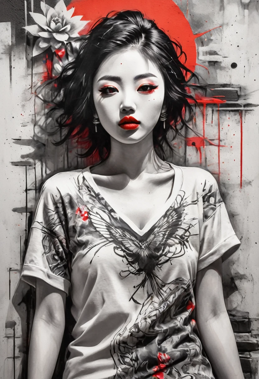 Black and white sketch of a geisha with vivid red lipstick, set against a vibrant urban backdrop featuring bold graffiti in a dynamic digital art style. This design seamlessly blends traditional elegance with contemporary street art, creating a striking visual contrast perfect for a unique and eye-catching t-shirt."