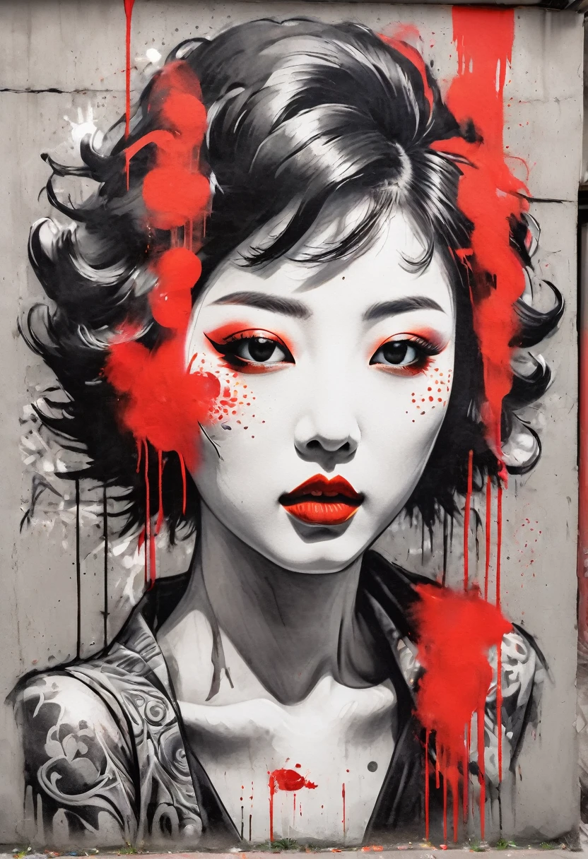 Black and white sketch of a geisha with vivid red lipstick, set against a vibrant urban backdrop featuring bold graffiti in a dynamic digital art style. This design seamlessly blends traditional elegance with contemporary street art, creating a striking visual contrast perfect for a unique and eye-catching t-shirt."