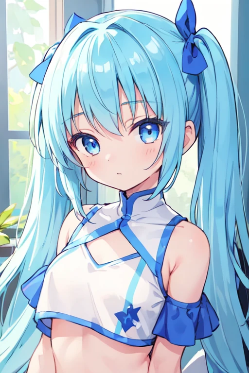 (best quality, masterpiece:1.2), ultra detailed, extremely detailed eyes and face, natural skin texture, detailed skin, natural lighting,
 chibi, 1 girl, 14-years-old, (cute),
 twin tails, light blue hair, shiny hair,
 blue eyes,
 small breasts,
 BREAK cheerleader, white and blue crop top, white and blue sleeveless shirt,
 upper body,