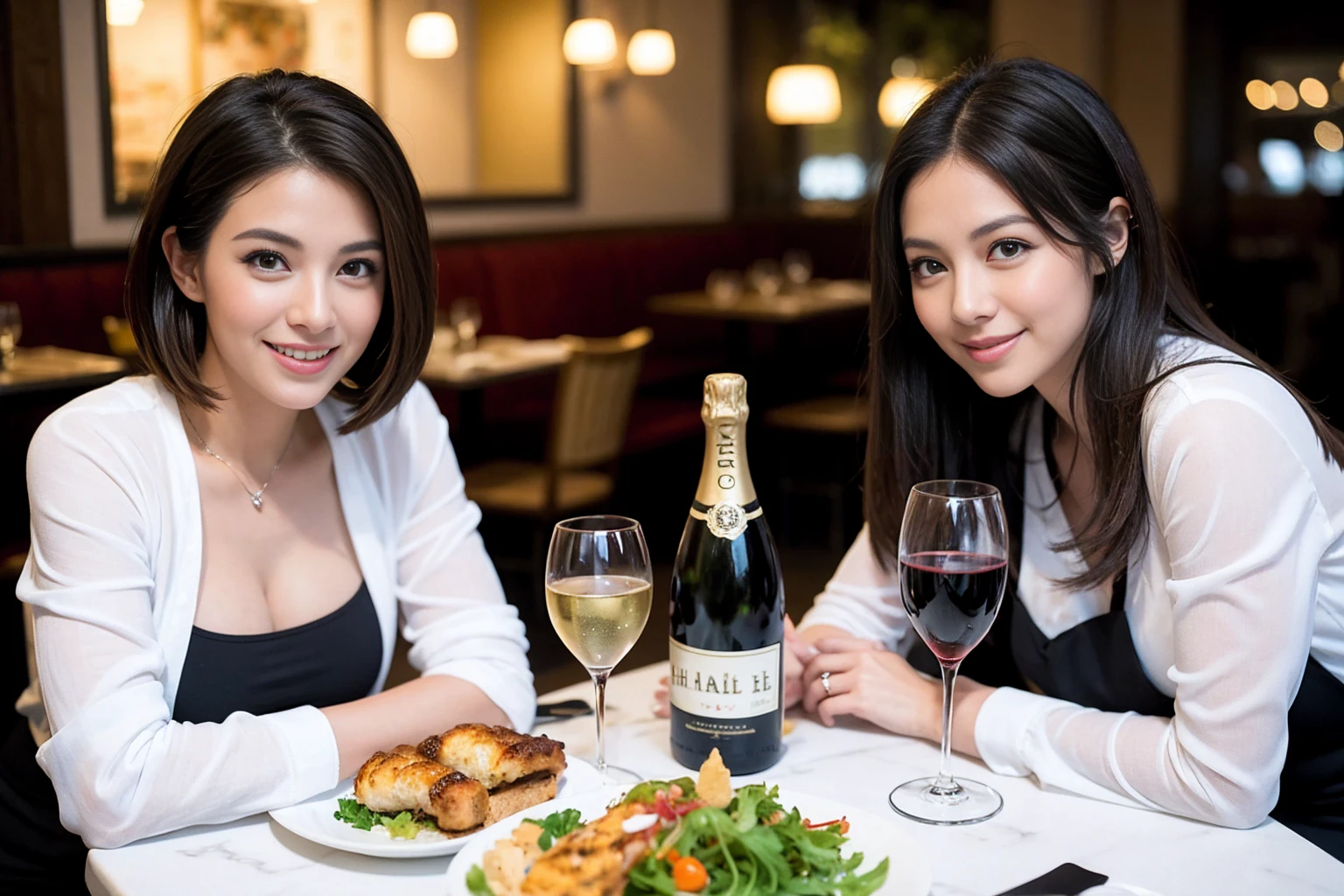 ((Highest quality、、masterpiece:1.3))、1 male、1 female、spouse、Beautiful couple、smile、full-course dinner、 (Slim face), (the body is スリム), (Brown Hair), (Shortcuts), ((Bob Hale、Straight hair:1.2)), テーブルの上のwine glass、Put the light on your face、 Amazing view of the sunset sky and clouds、smileの美しさ、Bright image、Blushing, Shortcuts, (43 years old), 39 years old, Appetizers、Italian food、Wine bottle、Champagne、sparkling wine、Long sleeve shirt、dress、Attractive beauty、restaurant, Nova Frog Style, actress, model, Upper Body, White wine, red wine, wine glass, 