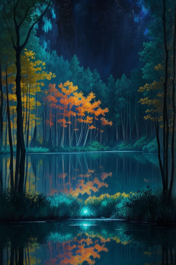 a painting of a lake with leaves floating on it at night, glowing reflections, magical colours and atmosphere, magical colors and atmosphere, monet. stunning lighting, beautifully lit landscape, river gorgeous lighting, glowing water, mystical forest lagoon, wow it is beautiful, glowing hue of teal, glowing forest, beautiful deep colors, beautiful painting, autumn night, stunning painting, mystical lake