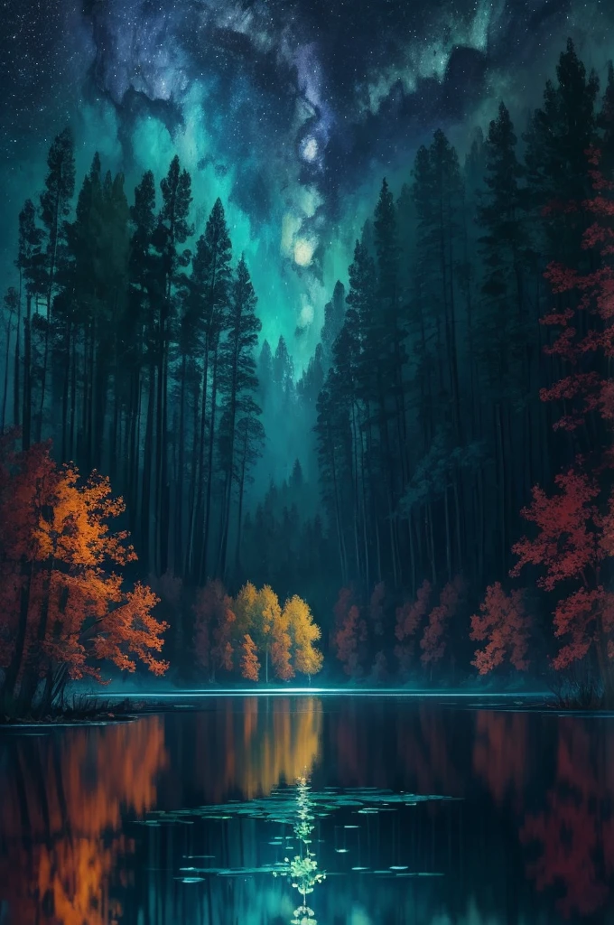 a painting of a lake with leaves floating on it at night, glowing reflections, magical colours and atmosphere, magical colors and atmosphere, monet. stunning lighting, beautifully lit landscape, river gorgeous lighting, glowing water, mystical forest lagoon, wow it is beautiful, glowing hue of teal, glowing forest, beautiful deep colors, beautiful painting, autumn night, stunning painting, mystical lake