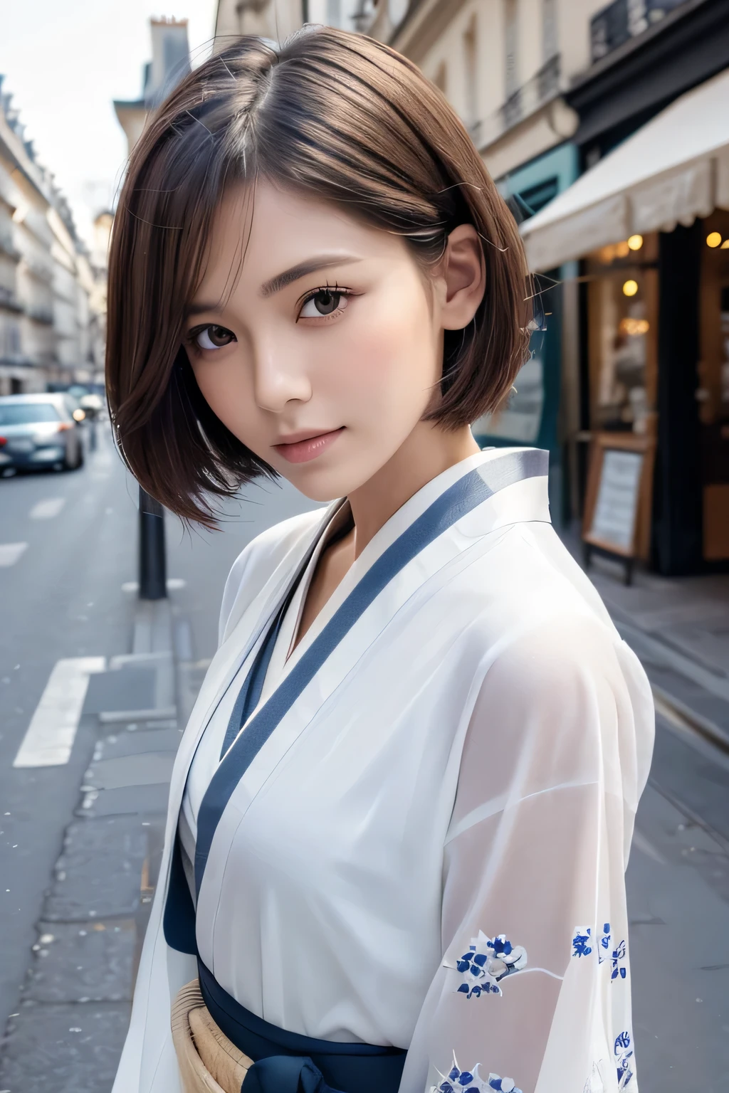 (Highest quality, 16K, masterpiece: 1.3)), 1 Girl, Sharp focus: 1.2, Beautiful woman with perfect figure: 1.4, Slim Abs: 1.2, (((Short Bob Hair)), ((small: 1.4)), ((Beautiful Face Idol: 1.3)), (Transparent fabric kimono 1.5)), Highly detailed face and skin texture, Fine grain, double eyelid, (((stop temporarily)), (Fascinating)), walking, Paris cityscape, Low - Angle, Shooting from below