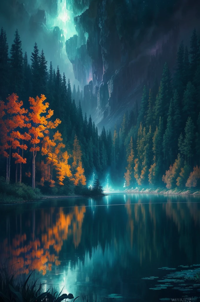 a painting of a lake with leaves floating on it at night, a photorealistic painting by Mike Winkelmann, trending on cgsociety, fantasy art, glowing reflections, magical colours and atmosphere, magical colors and atmosphere, monet. stunning lighting, beautifully lit landscape, river gorgeous lighting, glowing water, mystical forest lagoon, wow it is beautiful, glowing hue of teal