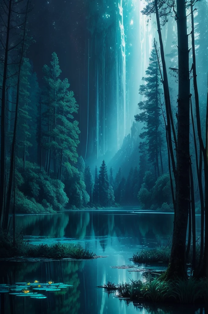 a painting of a lake with leaves floating on it at night, a photorealistic painting by Mike Winkelmann, trending on cgsociety, fantasy art, glowing reflections, magical colours and atmosphere, magical colors and atmosphere, monet. stunning lighting, beautifully lit landscape, river gorgeous lighting, glowing water, mystical forest lagoon, wow it is beautiful, glowing hue of teal