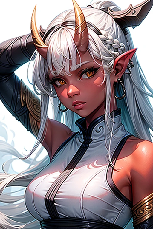 a woman，long braided and detailed hair，Human，White background，Gray tones。Masterpiece, Best Quality, ultra high resolution, beautiful, viarealmente impresionante, elegant, incredibly detailed, award-winning art, 0n1, silver eyes, Redskin, oni horns, are, colored skin, wears a white tunic