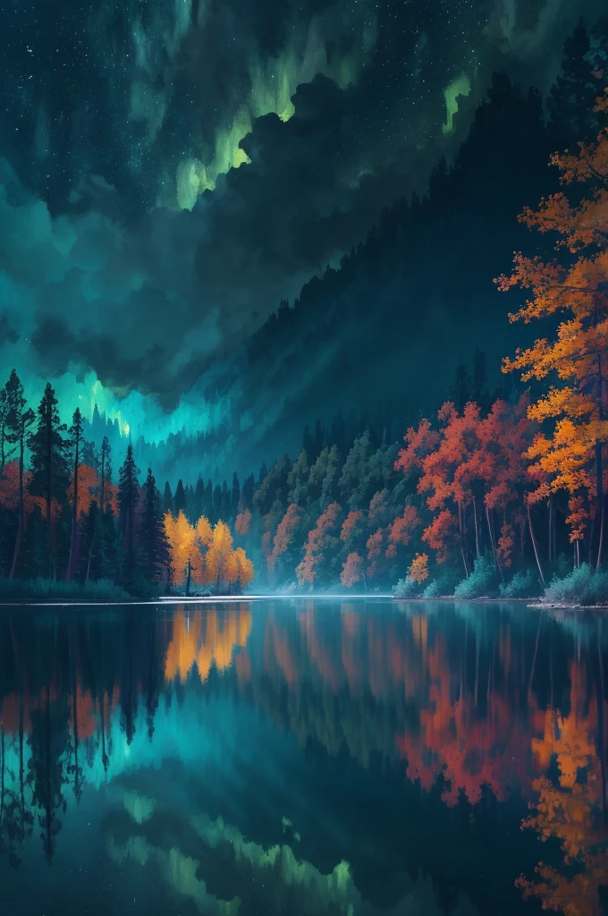 a painting of a lake with leaves floating on it at night, glowing reflections, magical colours and atmosphere, magical colors and atmosphere, monet. stunning lighting, beautifully lit landscape, river gorgeous lighting, glowing water, mystical forest lagoon, wow it is beautiful, glowing hue of teal, glowing forest, beautiful deep colors, beautiful painting, autumn night, stunning painting, mystical lake