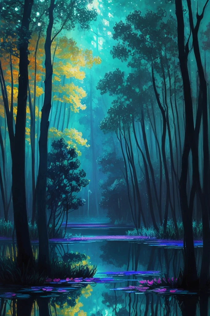 a painting of a lake with leaves floating on it at night, glowing reflections, magical colours and atmosphere, magical colors and atmosphere, monet. stunning lighting, beautifully lit landscape, river gorgeous lighting, glowing water, mystical forest lagoon, wow it is beautiful, glowing hue of teal, glowing forest, beautiful deep colors, beautiful painting, autumn night, stunning painting, mystical lake