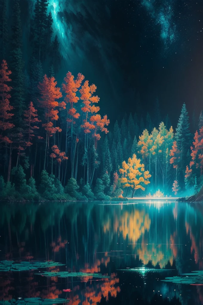 a painting of a lake with leaves floating on it at night, a photorealistic painting by Mike Winkelmann, trending on cgsociety, fantasy art, glowing reflections, magical colours and atmosphere, magical colors and atmosphere, monet. stunning lighting, beautifully lit landscape, river gorgeous lighting, glowing water, mystical forest lagoon, wow it is beautiful, glowing hue of teal