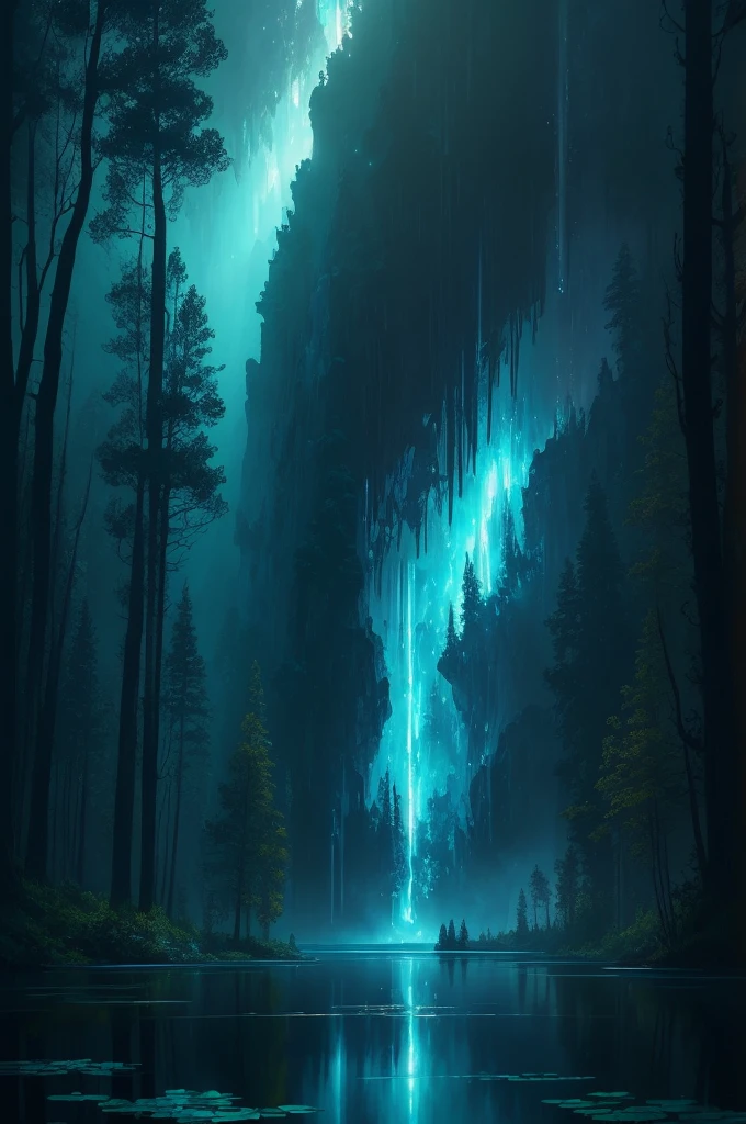 a painting of a lake with leaves floating on it at night, a photorealistic painting by Mike Winkelmann, trending on cgsociety, fantasy art, glowing reflections, magical colours and atmosphere, magical colors and atmosphere, monet. stunning lighting, beautifully lit landscape, river gorgeous lighting, glowing water, mystical forest lagoon, wow it is beautiful, glowing hue of teal