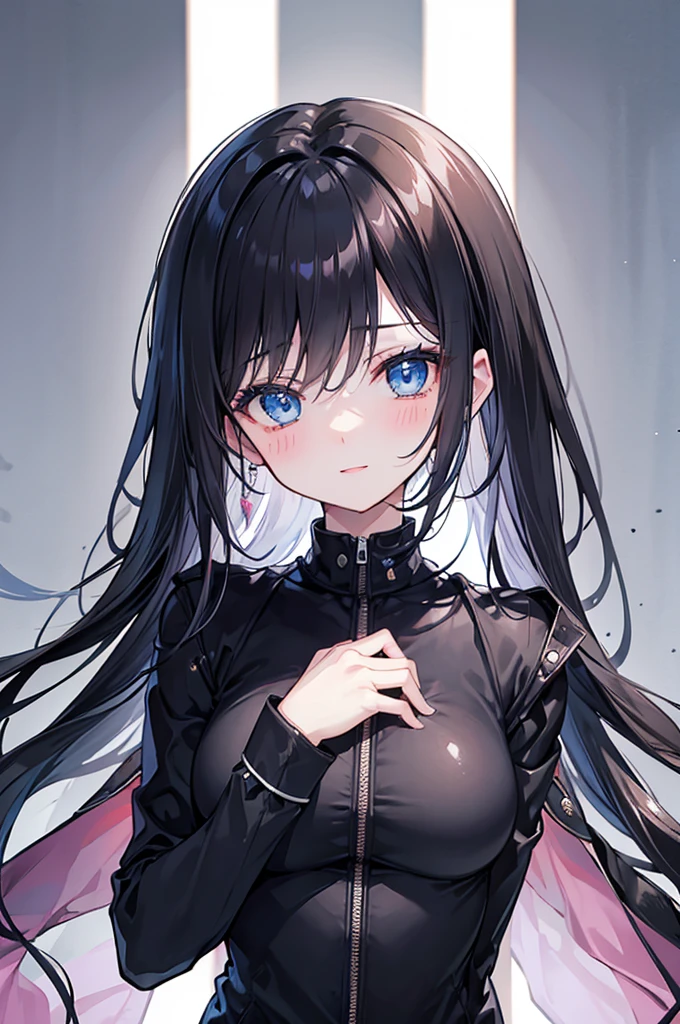 (masterpiece), best quality, expressive eyes, perfect face, black hair, blush, black jacket, blue eyes, shoulder showing, unzipped, happy, chest showing slightly