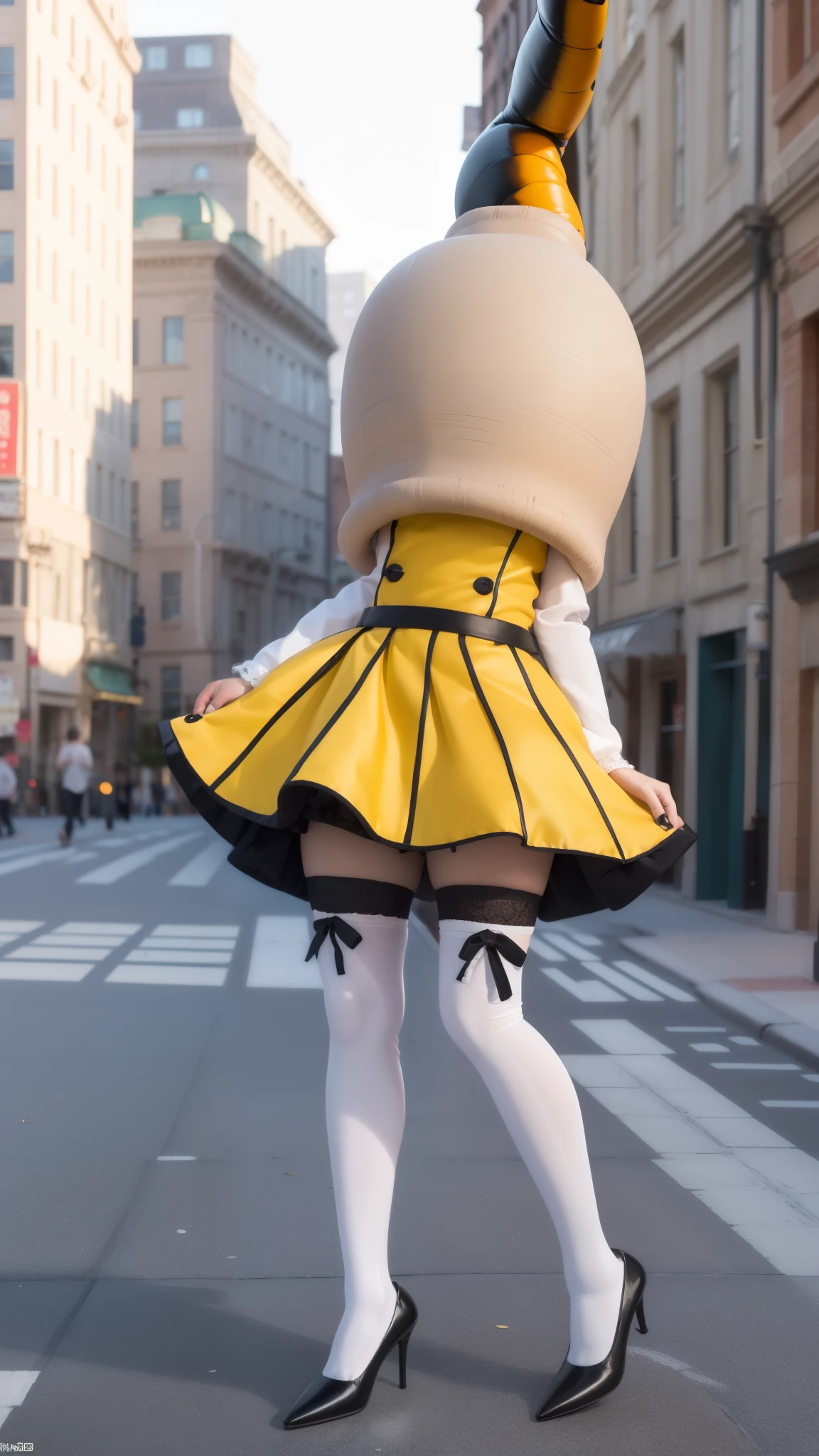 1girl, natural lighting, masterpiece, highly detailed, realistic, 8k resolution, high quality, aichan, city, short idol dress, white thigh highs, narrow waist, (cell vore), (tail vore:1.3), struggling, high heels, struggling