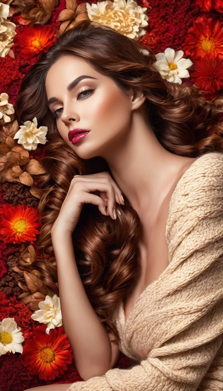 Fullbody Masterpiece of Most beautiful attractive Italian lady her body made of melting milky white-red-brown chocolate , , creative background, woollen style, colorful, vivid light, natural theme , perfect composition, perfect body, perfect eyes, perfect details, , high resolution , high quality, , hd, A masterful and captivating full-body portrait of a stunningly attractive Italian lady, whose body appears to be sculpted from luxurious melting milky white, red, and brown chocolate. The artistic composition seamlessly blends a woolen texture with colorful, vivid light, creating a surreal, dreamy atmosphere. The natural theme is enhanced by the presence of flowers and leaves, which skillfully contrast with the artistic background. The perfect composition, body, eyes, and details of the subject make this high-resolution, high-quality image truly unforgettable.