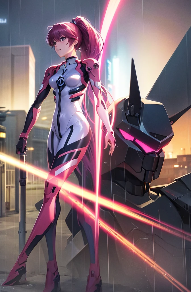  最high quality, high quality, 8K、High resolution,Highest quality、solo、 Haruka, Pink Hair, ponytail, Side details, Open Mouth Smile, Evil Face, Expressionless face, anime character in a futuristic suit standing in city, (rain), (city), Bodysuits, neon Bodysuits, Secret spy, Girl wearing mecha cyber armor, Neon Genesis Evangelion Style, (Manga Style), Old Manga, Sci-fi anime, modern mecha anime