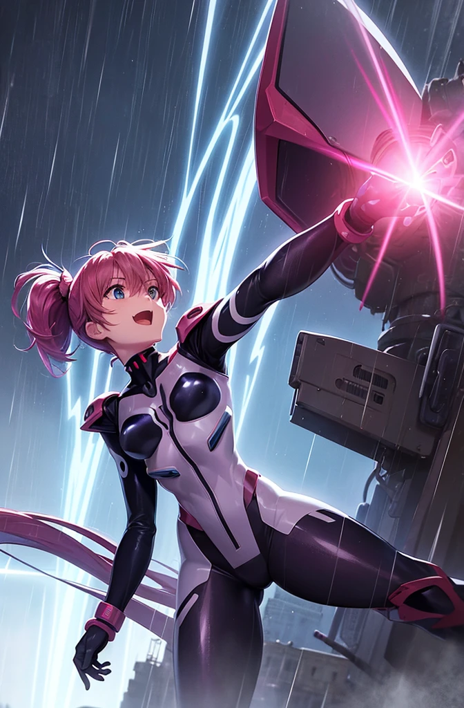  最high quality, high quality, 8K、High resolution,Highest quality、solo、 Haruka, Pink Hair, ponytail, Side details, Open Mouth Smile, Evil Face, Expressionless face, anime character in a futuristic suit standing in city, (rain), (city), Bodysuits, neon Bodysuits, Secret spy, Girl wearing mecha cyber armor, Neon Genesis Evangelion Style, (Manga Style), Old Manga, Sci-fi anime, modern mecha anime