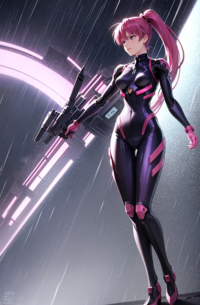  最high quality, high quality, 8K、High resolution,Highest quality、solo、 Haruka, Pink Hair, ponytail, Side details, Open Mouth Smile, Evil Face, Expressionless face, anime character in a futuristic suit standing in city, (rain), (city), Bodysuits, neon Bodysuits, Secret spy, Girl wearing mecha cyber armor, Neon Genesis Evangelion Style, (Manga Style), Old Manga, Sci-fi anime, modern mecha anime