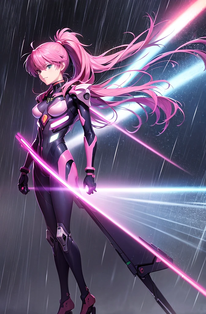  最high quality, high quality, 8K、High resolution,Highest quality、solo、 Haruka, Pink Hair, ponytail, Side details, Open Mouth Smile, Evil Face, Expressionless face, anime character in a futuristic suit standing in city, (rain), (city), Bodysuits, neon Bodysuits, Secret spy, Girl wearing mecha cyber armor, Neon Genesis Evangelion Style, (Manga Style), Old Manga, Sci-fi anime, modern mecha anime