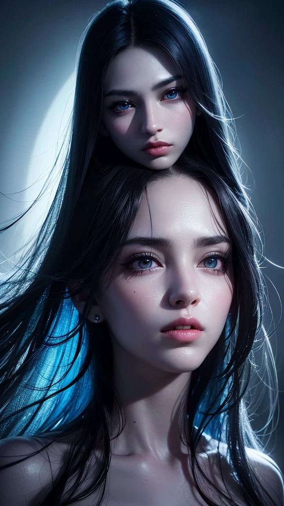 a beautiful night goddess with carbon black eyes, glass-like eyes, translucent skin, dark night, crescent moon, divine atmosphere, (best quality,4k,8k,highres,masterpiece:1.2),ultra-detailed,(realistic,photorealistic,photo-realistic:1.37),detailed eyes, detailed lips, extremely detailed face, long eyelashes, mysterious, ethereal, mesmerizing, dramatic lighting, moody blue tones, dramatic shadows, glowing skin