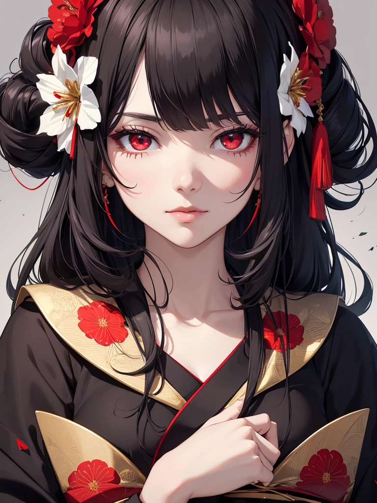 (8K, Best Quality, Masterpiece, Ultra High Resolution) Woman, Adult Woman, Beautiful Eyes, Face Details, Dark Black Hair, Red Eyes, Pale Skin, Kimono, Red Kimono with White Flower Pattern, Gold Details, Dark Castle, Royalty, Dark Queen, Best Quality, Upper Body, Looking at the Viewer, Facing Viewer, Close Up