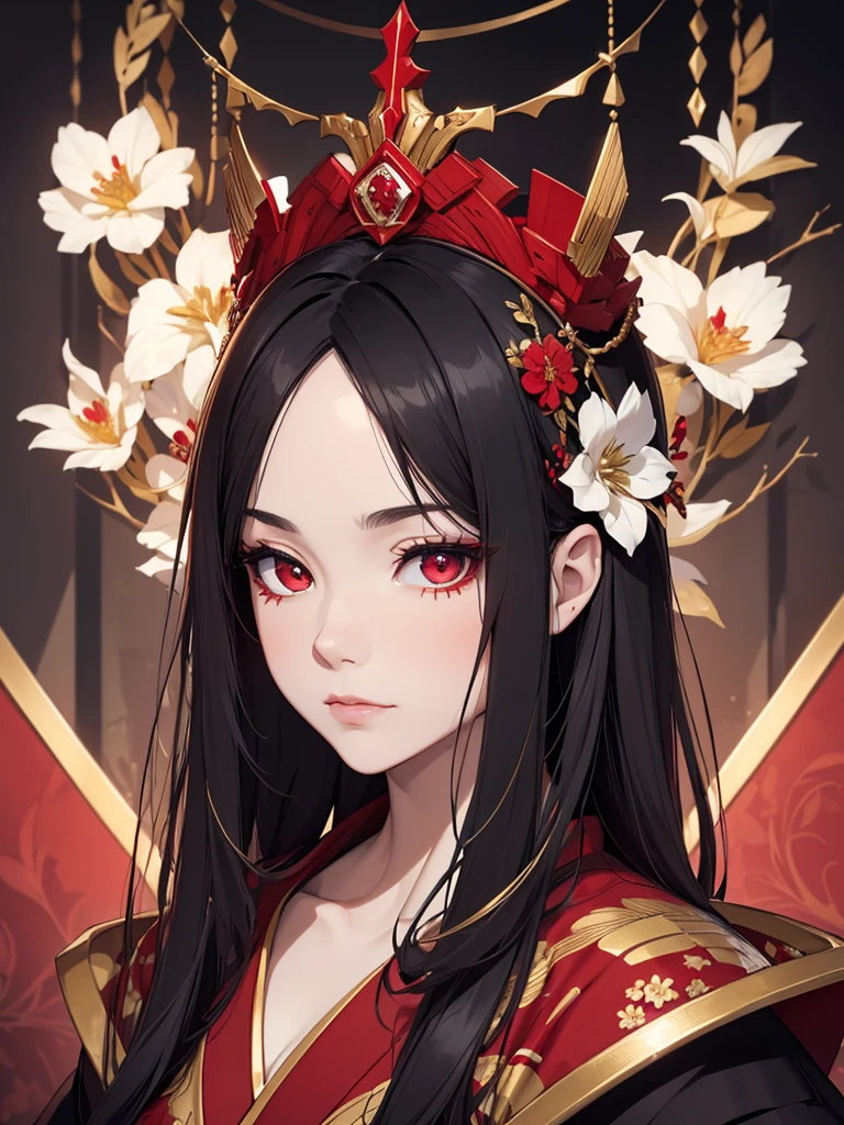 (8K, Best Quality, Masterpiece, Ultra High Resolution) Woman, Adult Woman, Beautiful Eyes, Face Details, Dark Black Hair, Red Eyes, Pale Skin, Kimono, Red Kimono with White Flower Pattern, Gold Details, Dark Castle, Royalty, Dark Queen, Best Quality, Upper Body, Looking at the Viewer, Facing Viewer, Close Up