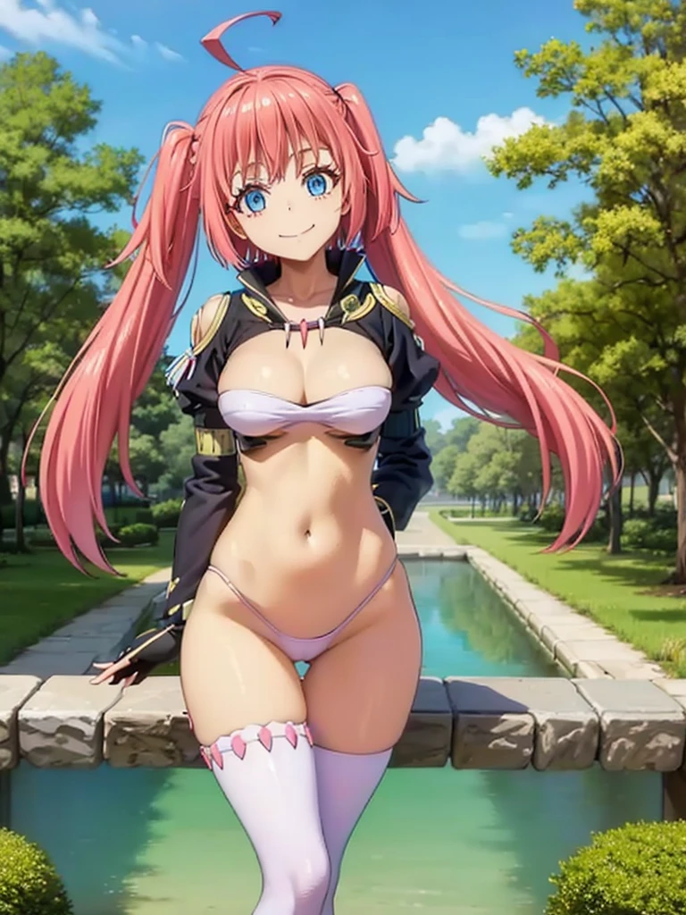 1girl, solo, beautiful girl, brunetteskin, blue eyes, big eyes, long eyelashes, pink hair, long hair, sidelocks, twintails, head tilt, fang, medium breasts, black bikini, string bikini, bikini bottom only, white crop top, asymmetrical legwear, ahoge, clothing cutout, cowboy shot, juliet sleeves, long sleeves, puffy sleeves, pink legwear, revealing clothes, shoulder cutout, thighhighs, no pants, skindentation, smile, looking at viewer, narrow waist, perfect hands, perfect anatomy, cleavage, midriff, navel, covered nipples,