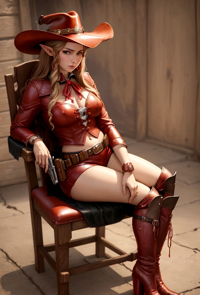 cowboy woman sitting on a chair with a red leather cowboy hat with elf-type ears, realistic anime style, with a cowboy gun in her hands, full body cowboy heels