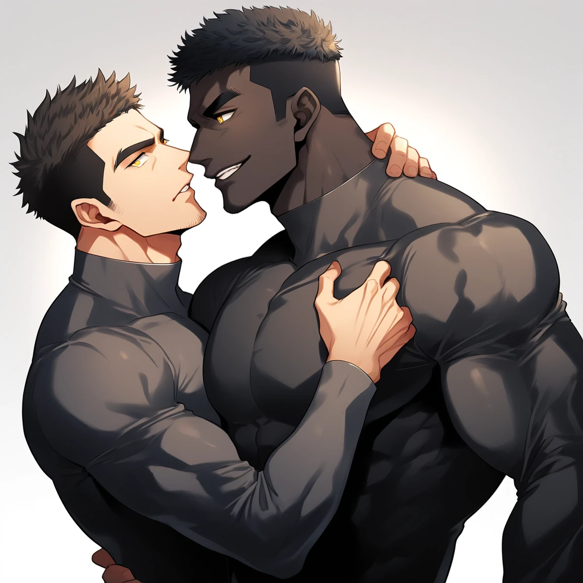 anime characters:Two superheroes in tights, Muscle superhero, negro black skin, They hugged and kissed each other, Bite your neck, Caress, Manliness, male focus, Yellow and black high collar long sleeve tight T-shirt, Slightly transparent material, Very tight, Round, full and perky chest muscles, Muscle waist, Slightly transparent, muscular male, muscular, only, Upper body, alone, Black short hair, Thick eyebrows, stubble, Yellow eyes, Grey background, simple background, amazing quality, best aesthetics, Ridiculous, bright pupils, crew cut, parted lips, seductive smile, torogao, naughty face, drop shadow, best quality
