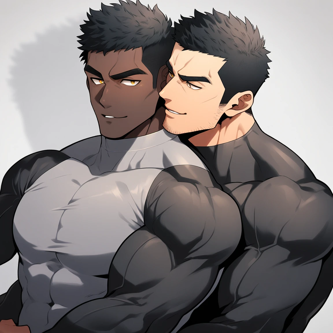 anime characters：Two superheroes in tights, Muscle superhero,  black skin, They hugged and kissed each other, Bite your neck, Caress, Manliness, male focus, Yellow and black high collar long sleeve tight T-shirt, Slightly transparent material, Very tight, Round, full and perky chest muscles, Muscle waist, Slightly transparent, muscular male, muscular, only, Upper body, alone, Black short hair, Thick eyebrows, stubble, Yellow eyes, Grey background, simple background, amazing quality, best aesthetics, Ridiculous, bright pupils, crew cut, parted lips, seductive smile, torogao, naughty face, drop shadow, best quality
