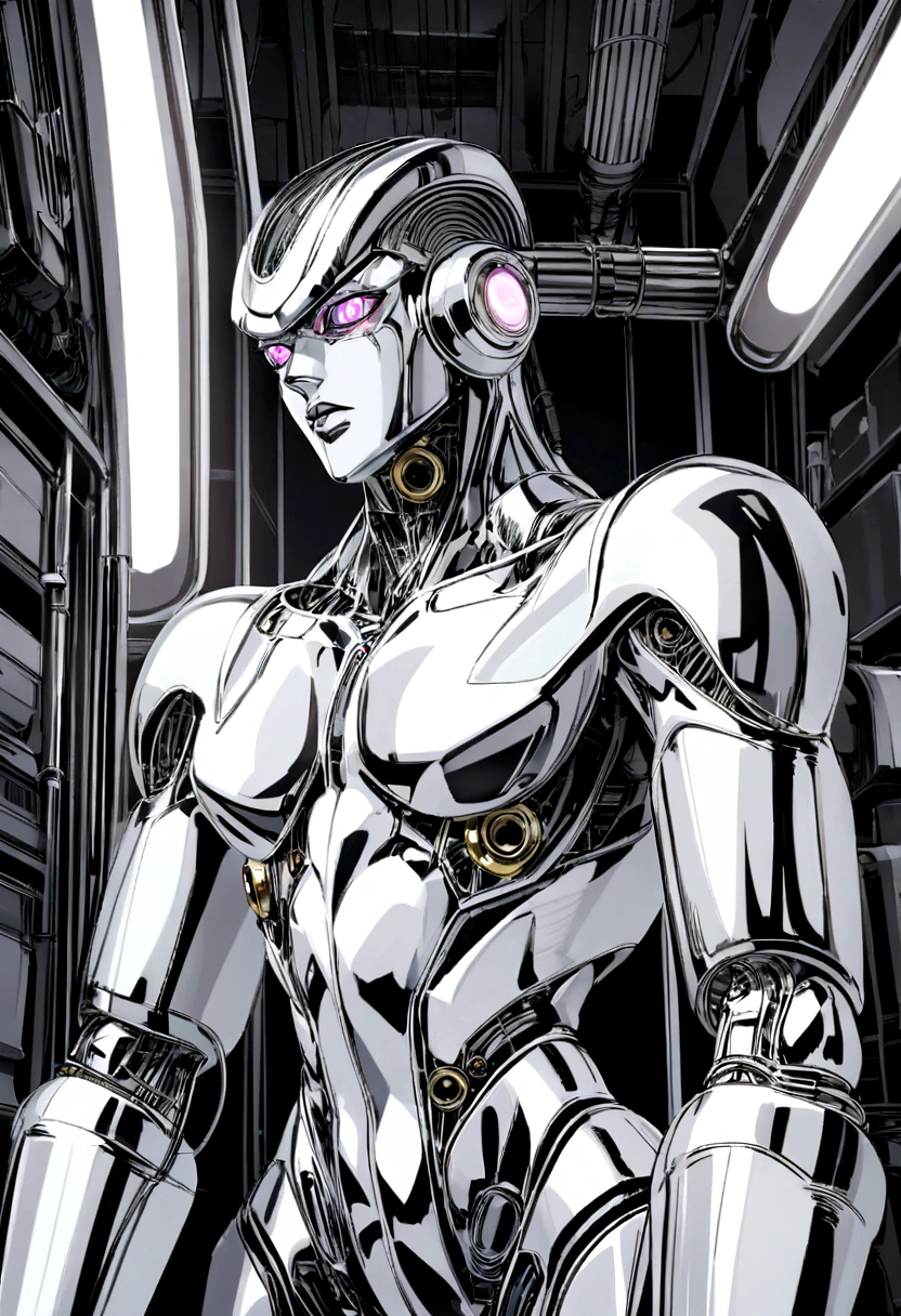 Jojo&#39;s Bizarre Adventures stand that has a futuristic appearance, with a slender and metallic structure. Its head has a digital display that shows the current temperature. Its arms are equipped with tubes and radiators.