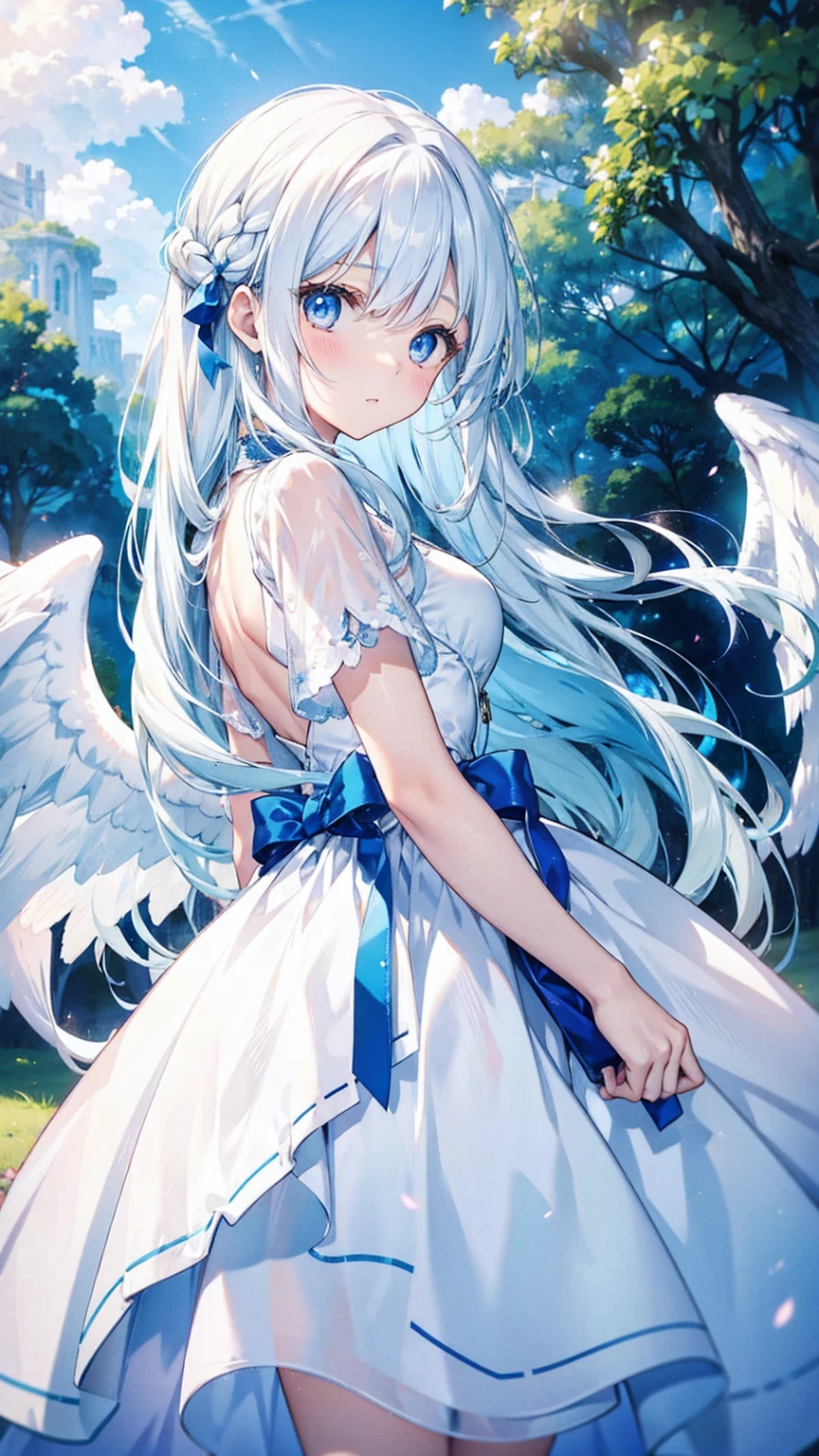 A pretty girl with long white hair and blue eyes、16 years old、Surprised、Bright expression、joy、White dress、Angel wings on the back