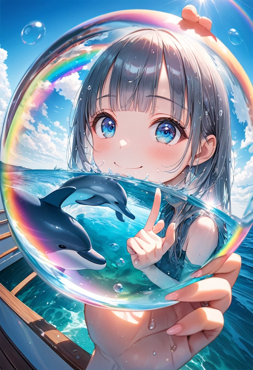 Double exposure, Fisheye Lens, RAW Photos:1.2, masterpiece, Highest quality, 16K, Unbelievably absurd, Very detailed, Perfect beauty, Photographing beautiful dolphins from the water,On the boat,1 girl,deck, Silver long straight hair, Blunt bangs, Long sideburns, Wet Hair, Vibrant colors, Ultra-realism:1.2, Middle chest, Blue sky and rainbow, View your viewers, A peek inside the bubble, Girl looks up, Secret pose with index finger on mouth, A shy smile, Mirror Effect:1.2,Two arms,Five fingers on each side