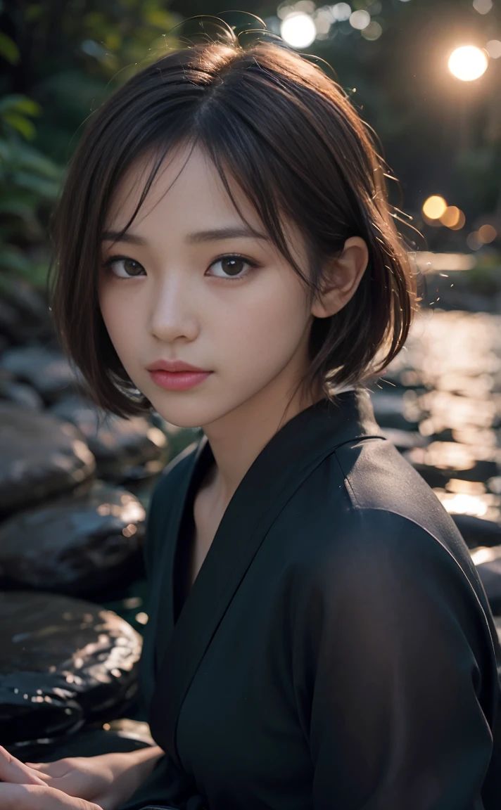 1girl,Very small light,river,outside,Fantastic scenery with many fireflies in the river,A firefly rides in the palm of a beautiful woman's hand with its beautiful light,Firefly light is green:1.4 ,Beautiful women in kimono,moonlight at night:1.5,Jet blackness:1.3(midnight:1.4),(total darkness:1.5),
(Numerous Very small light floating in the sky:1.3),Cute 21 year old Japanese、Ultra-detailed face、An eye for detail、double eyelid、Beautiful thin nose、Sharp Focus:1.2、Beauty:1.4、(Light brown hair、short hair、Highest quality、illumination、Impressive、Ultra-high resolution、(Photorealistic:1.4)、