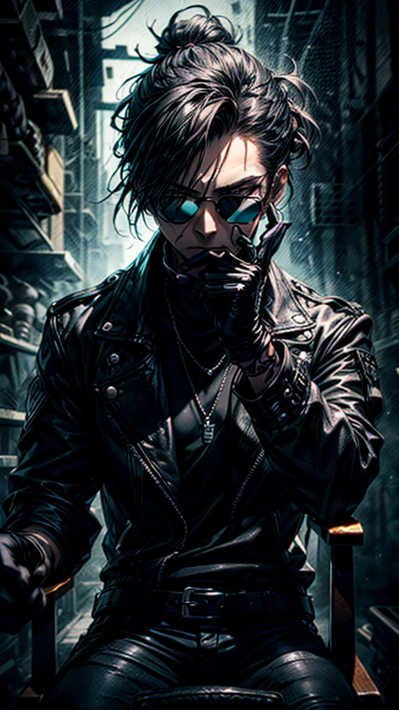 a stylish korean man with long hair tied in bun, wearing black round sunglasses, black leather gloves, dark clothing, sitting on a chair in a dark environment, dynamic point of view, best quality, ultra-detailed, photorealistic, vivid colors, dramatic lighting, chiaroscuro, dark and moody atmosphere, masculine, charismatic, punk style