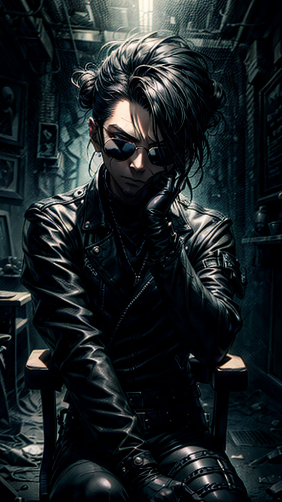a stylish korean man with long hair tied in bun, wearing black round sunglasses, black leather gloves, dark clothing, sitting on a chair in a dark environment, dynamic point of view, best quality, ultra-detailed, photorealistic, vivid colors, dramatic lighting, chiaroscuro, dark and moody atmosphere, masculine, charismatic, punk style