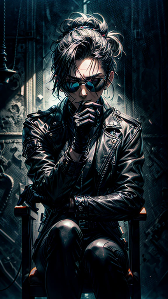 a stylish korean man with long hair tied in bun, wearing black round sunglasses, black leather gloves, dark clothing, sitting on a chair in a dark environment, dynamic point of view, best quality, ultra-detailed, photorealistic, vivid colors, dramatic lighting, chiaroscuro, dark and moody atmosphere, masculine, charismatic, punk style