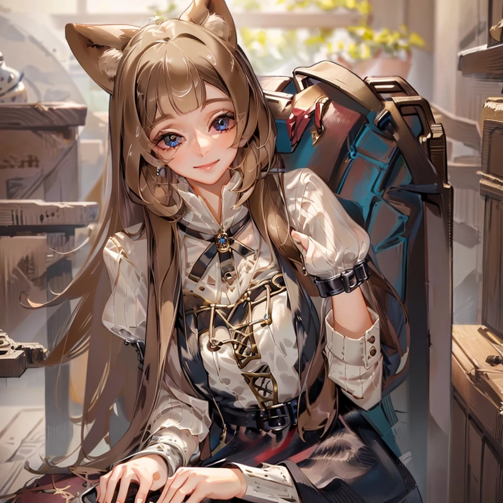 (masterpiece, best quality, ultra-detailed, highres, 4k),(beautiful detailed eyes),(very detailed face),(1girl),HDR,long hair, cute, brown eyes, brown hair, cellphone,  watch, lips, solo focus, nail polish, blurry background, smile, wristwatch, realistic, blurry, looking at viewer