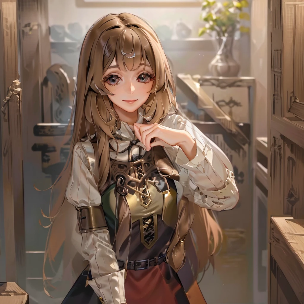 (masterpiece, best quality, ultra-detailed, highres, 4k),(beautiful detailed eyes),(very detailed face),(1girl),HDR,long hair, cute, brown eyes, brown hair, cellphone, watch, lips, solo focus, nail polish, blurry background, smile, wristwatch, realistic, blurry, looking at viewer