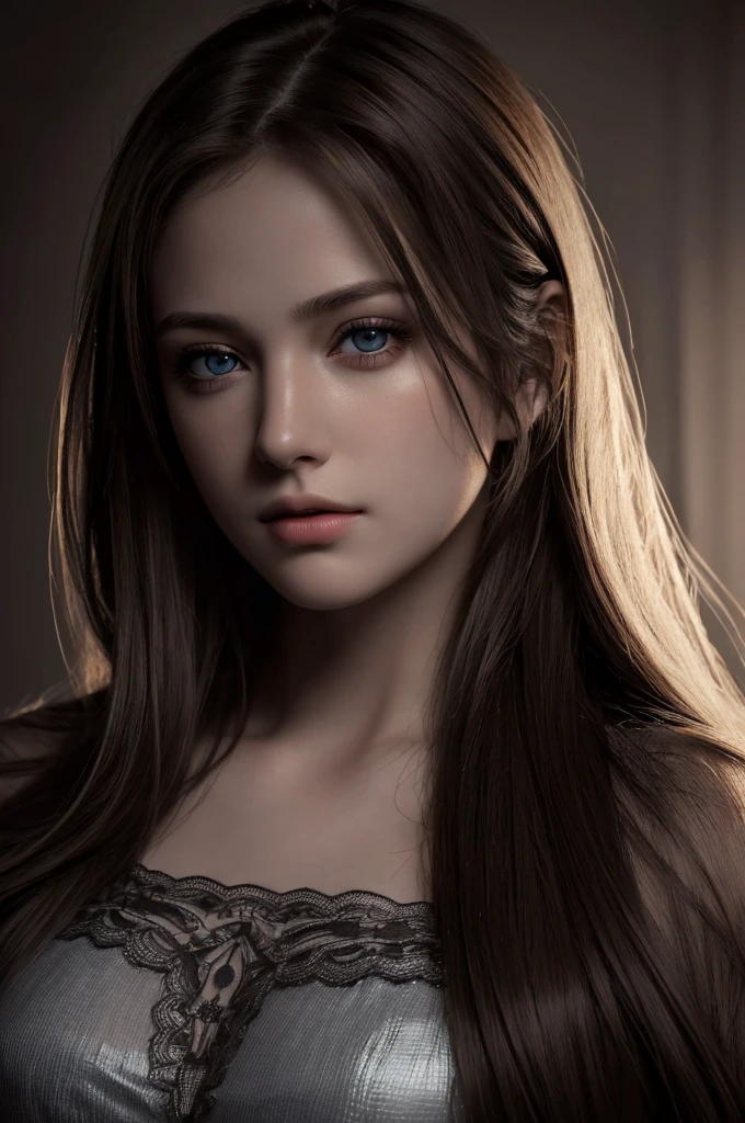 Best quality, masterpiece, ultra high res, (photorealistic:1.37), raw photo, 1girl, long hair, beautifull eyes, beautifull face, detailed eyes and face, t-shirt, dynamic lighting, in the dark, deep shadow, low key, cowboy shot