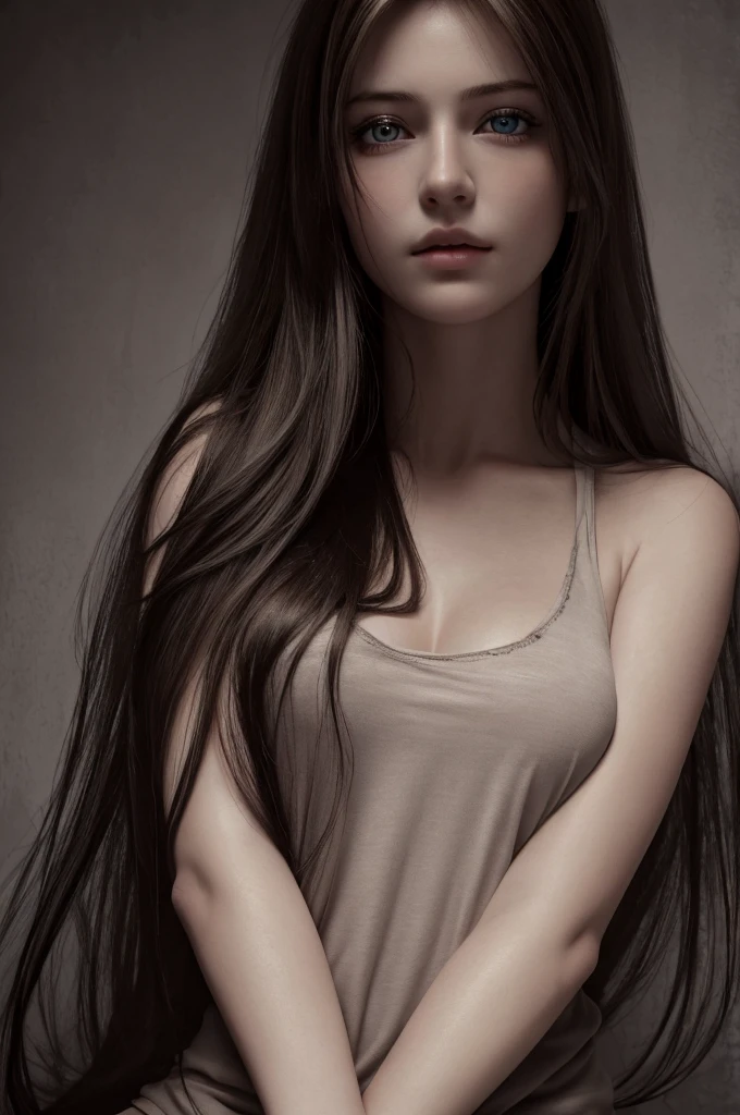 Best quality, masterpiece, ultra high res, (photorealistic:1.37), raw photo, 1girl, long hair, beautifull eyes, beautifull face, detailed eyes and face, t-shirt, dynamic lighting, in the dark, deep shadow, low key, cowboy shot