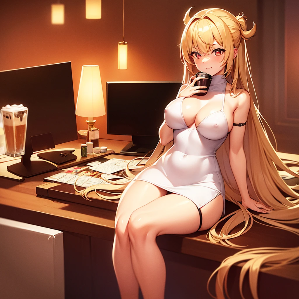 NSFW, sexy, erotic, a hyper-realistic anime-style girl VTuber with long, flowing hair and large, sparkling eyes is live streaming, sitting at her desk in an exquisitely detailed and cozy room adorned with intricate posters, plush toys, and various decorations. The desk is cluttered with streaming equipment illuminated by vibrant, colorful LED lights, creating a captivating and lively atmosphere. She is wearing an adorable outfit and holding a steaming cup of hot cocoa. The angle changes to an extremely dynamic and unique view, focusing intently on the surface of the hot cocoa, featuring an incredibly detailed and charming cute girl design as latte art, without a saucer. Her hand and part of her face are visible as she joyfully introduces the hot cocoa to her viewers. Elements of her live streaming setup, including a microphone, camera, and chat screen, are prominently displayed on the desk, alongside scattered mahjong tiles and a monitor showcasing an intense mahjong game stream. The background is rich with meticulously crafted items, enhancing the cozy and mysterious ambiance. The warm, inviting room light and vibrant LED lights provide a stunning contrast, creating a perfect balance of brightness and shadow. Every detail is rendered with the highest level of precision and clarity, showcasing the warmth of the scene and the allure of the hot cocoa with cute girl latte art, while emphasizing the thrilling mahjong game stream in the most breathtaking quality imaginable. The VTuber's enthusiasm and love for both hot cocoa and mahjong are vividly depicted, making her personality shine through in this extraordinary masterpiece. Enhance the overall resolution and detail to the highest possible level for a strikingly detailed and vibrant image.