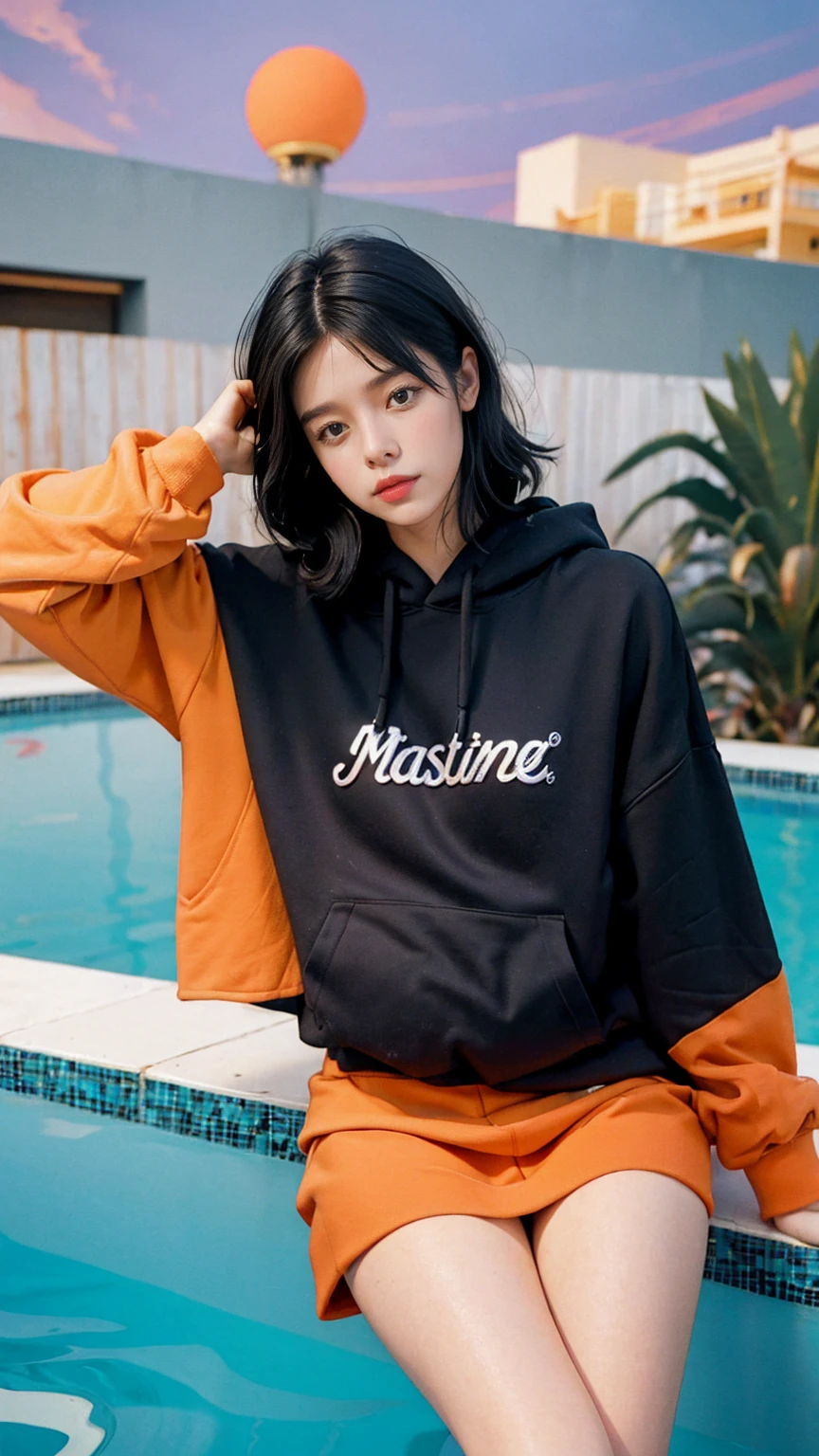 1 girl, wear ((orange oversized hoodie)), (purple tennis skirt),Best Quality,Masterpiece,Ultra High Resolution,(Realisticity:1.4),Original Photo, 1Girl, light leak,dark intens shadow,ultra high resolution,UHD,beautiful, (black bob hair), almond eye, no makeup, in front of (80's pool architecture colorful motel), (realistic:1.2), (surreal:1.3), (very detailed:1.1), ((masterpiece)),summer, blue sky, palm trees,sunny, los angles vibes