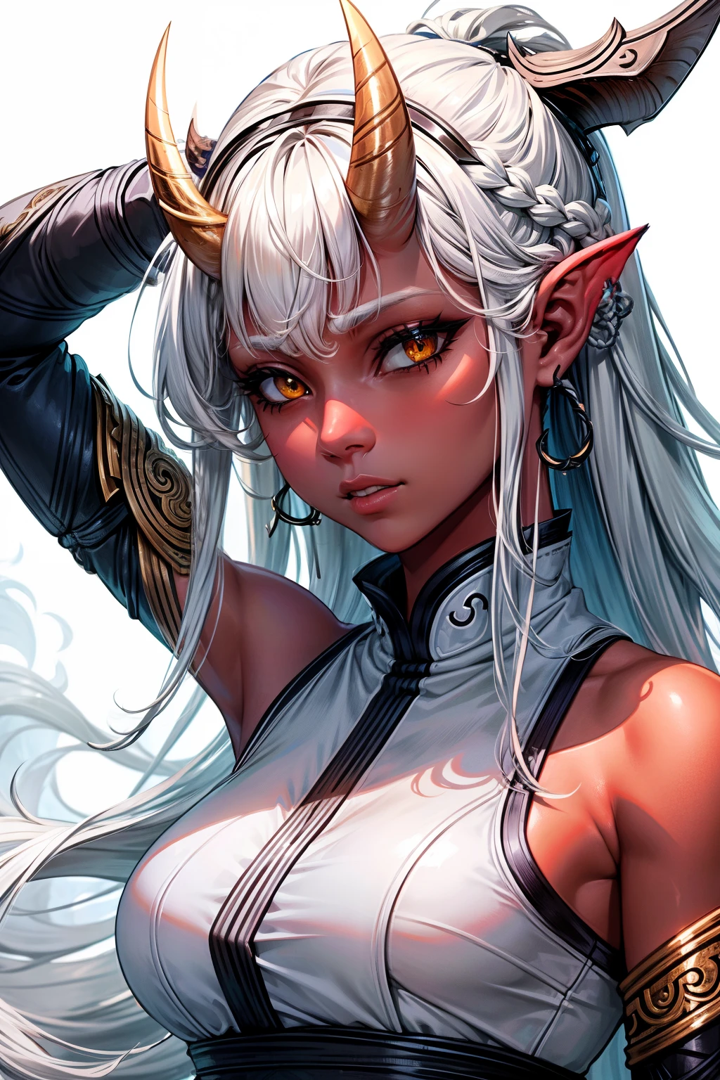 a woman，long braided and detailed hair，Human，White background，Gray tones。Masterpiece, Best Quality, ultra high resolution, beautiful, viarealmente impresionante, elegant, incredibly detailed, award-winning art, 0n1, silver eyes, Redskin, oni horns, are, colored skin, wears a white tunic