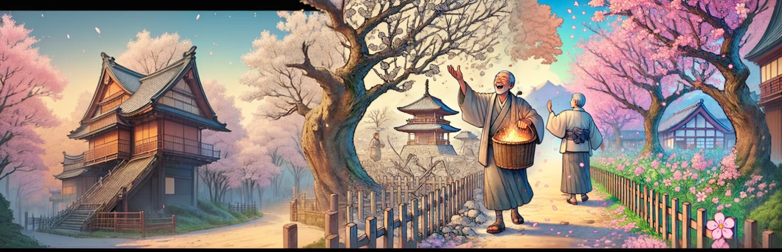 A man and woman walking down the street carrying lanterns, Traditional Japanese concept art, The art of Japan style, The blossoming road to heaven, Beautiful artwork illustration, Rob Ray and Kentaro Miura Style, Rob Ley and Kentaro Miura, Background artwork, Japanese words related to flowers, feudal japan art, Japanese illustration, Japanese painting, The art of Japan