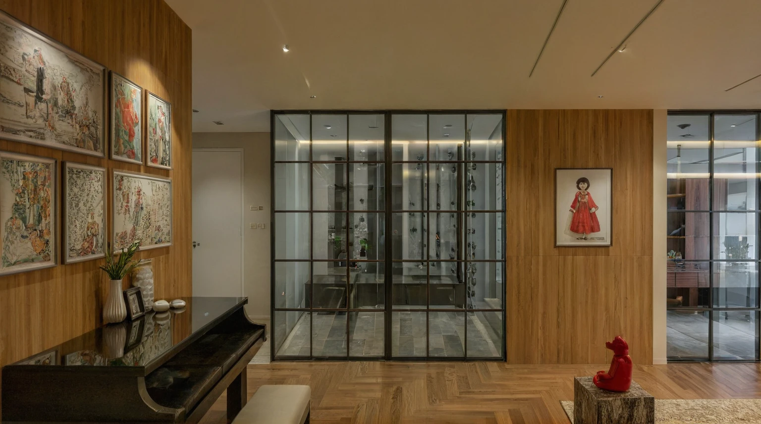 Raw photo, Masterpiece, high quality, best quality, authentic, super detail, interior, indoors,  style modern, minimalist line, wooden, oak wood, led light, beige paint wall, sofa, daylight, atrium, LIVING ROOM, PEN HOUSE, kitchen, island kitchen, alu window, japan style, wasabi style, Jen style, steel stair, glass railing
